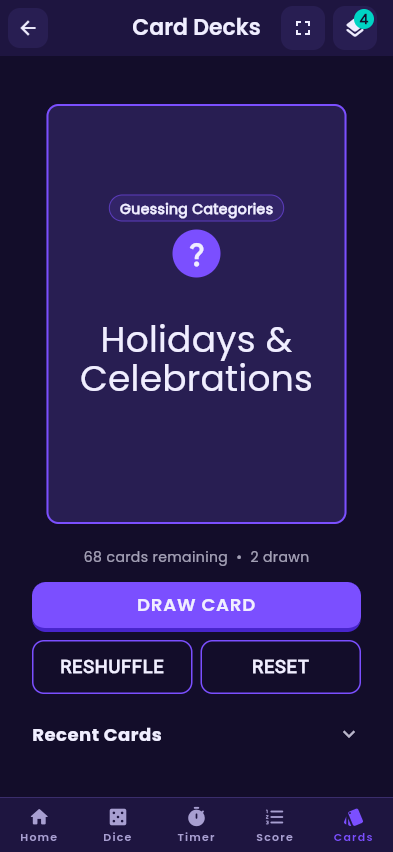 The ShuffleUp Cards screen