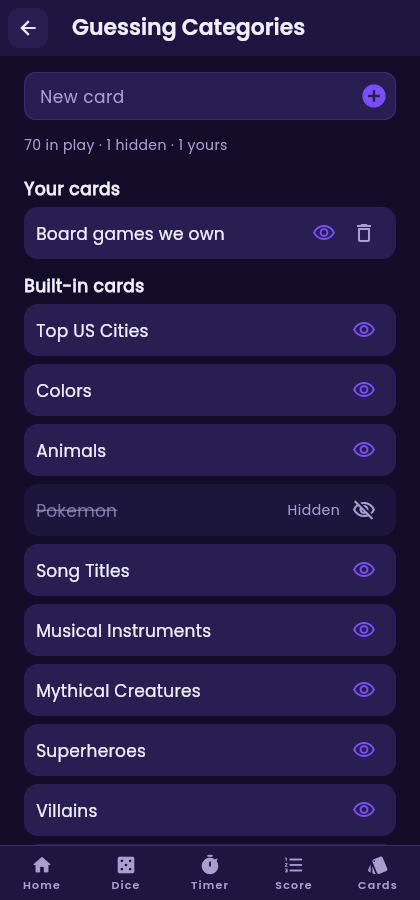 The ShuffleUp Cards screen