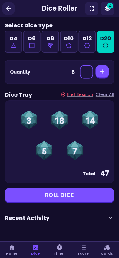The ShuffleUp Dice screen