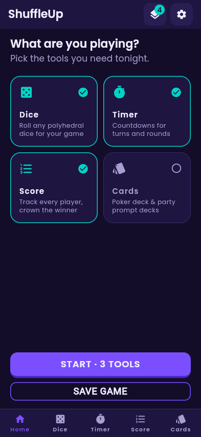 The ShuffleUp home screen with Dice, Timer and Score selected
